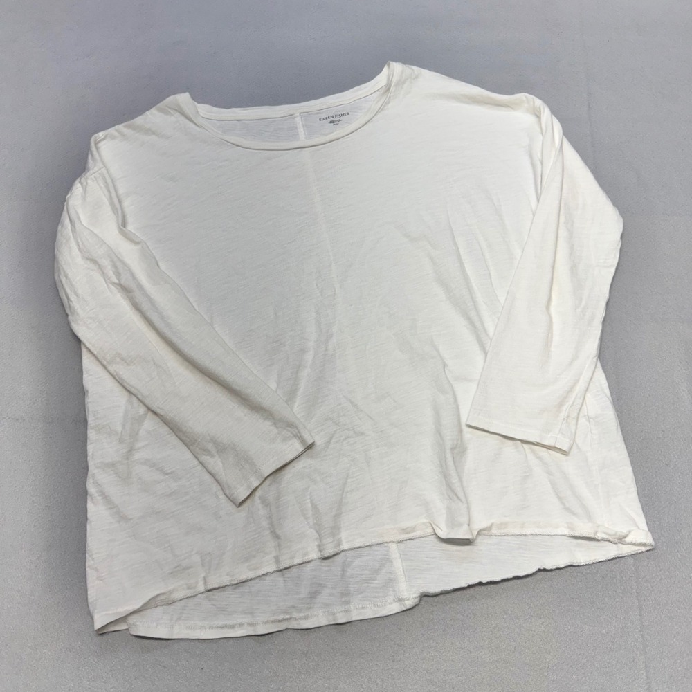 Eileen Fisher Women Medium White Organic Cotton Slub Long Sleeve Boxy Top Shirt